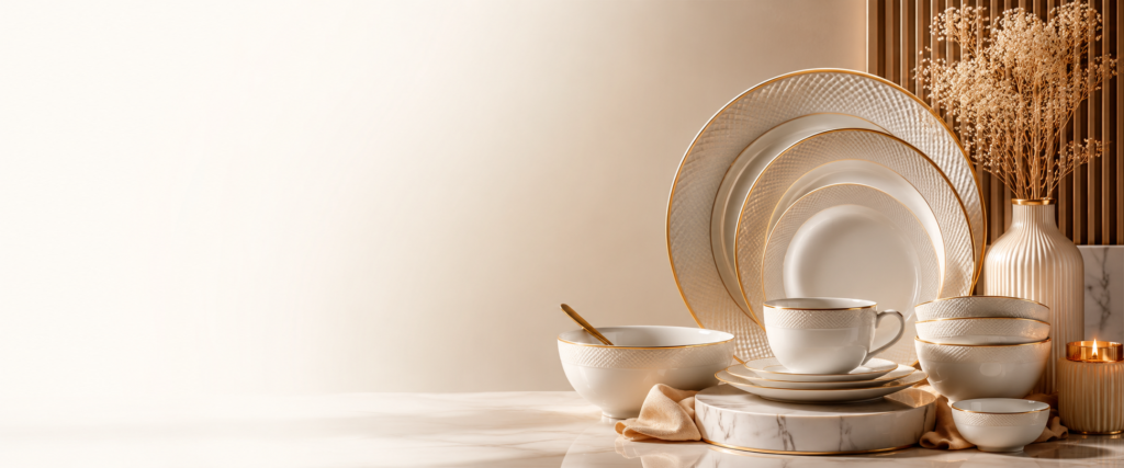Kitchen and Decor by Divyansh Jain | Luxury Crockery Collection Luxury white and gold ceramic dinnerware set with plates, bowls, cup, and decorative vase displayed on a modern table by Kitchen and Decor by Divyansh Jain.
